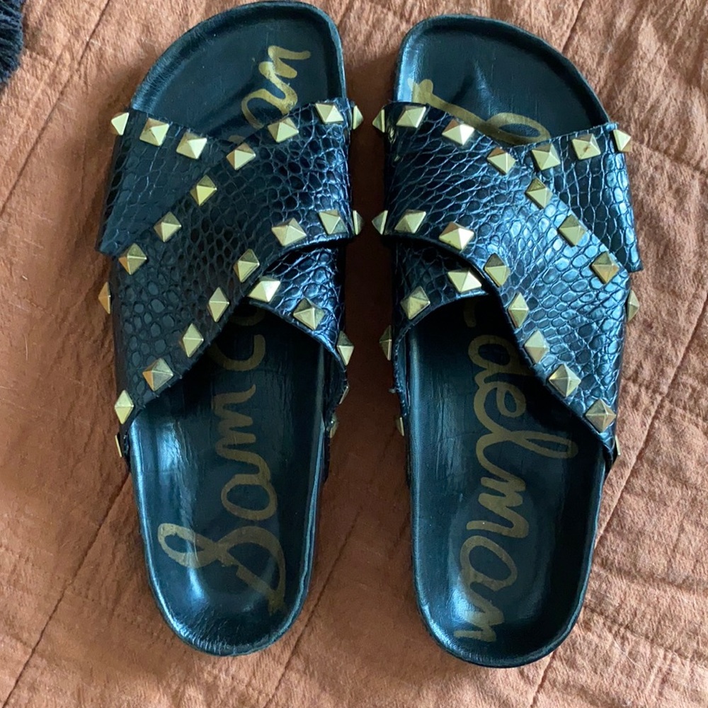 Sam Edelman black embossed gold rock studs sandals